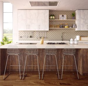 Moderne keuken met kookapparatuur en kasten, waarin voedsel wordt bereid en bewaard