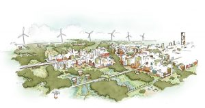 Voorbeeld van groene stadsplanning met waterdoorlatende bestrating en groenvoorzieningen voor duurzaam waterbeheer