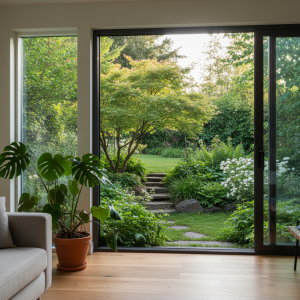 Home Gezond wonen en tuinonderhoud: interieur met planten, kamerplanten voor luchtzuivering en een groene tuin met bloemen en groe