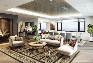 Velvet meubelen in mosgroen en taupe tinten gecombineerd met houten tafel en metalen accenten in een modern interieur